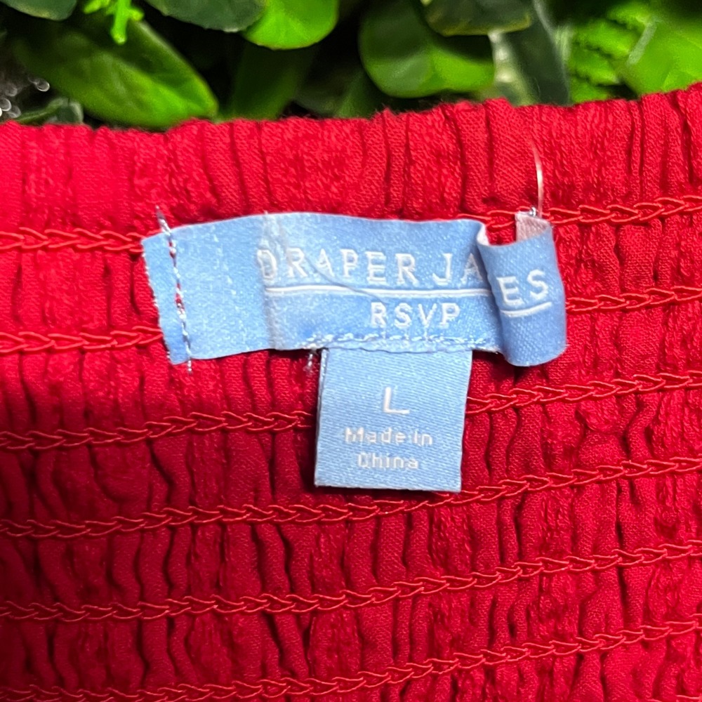 Draper James RSVP Dress Large Red Textured Hearts Tie Shoulder Smocked Midi 3844 - Picture 4 of 9